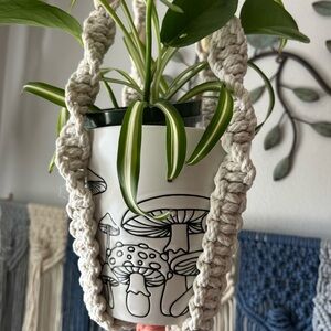 White Mushroom Planter with Crochet Hanger
